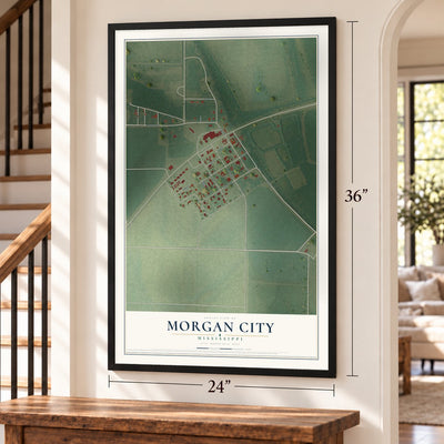 Morgan City, Mississippi map, 24 x 36 inch print in a black frame by a staircase