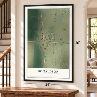 Donaldson, Minnesota map, 24 x 36 inch print in a black frame by a staircase