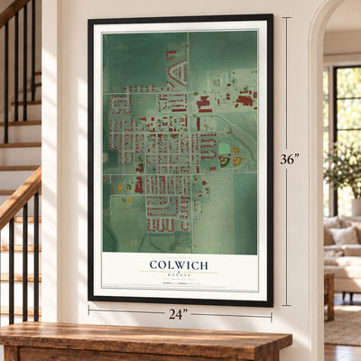 Colwich, Kansas map, 24 x 36 inch print in a black frame by a staircase