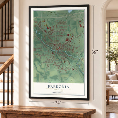 Fredonia, New York map, 24 x 36 inch print in a black frame by a staircase