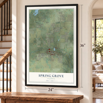 Spring Grove, Illinois map, 24 x 36 inch print in a black frame by a staircase