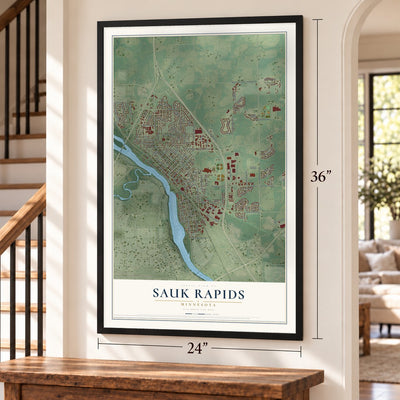 Sauk Rapids, Minnesota map, 24 x 36 inch print in a black frame by a staircase