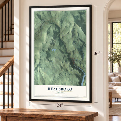 Readsboro, Vermont map, 24 x 36 inch print in a black frame by a staircase
