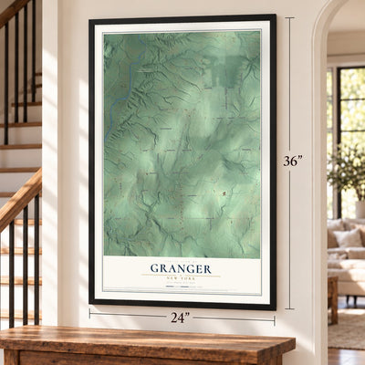 Granger, New York map, 24 x 36 inch print in a black frame by a staircase