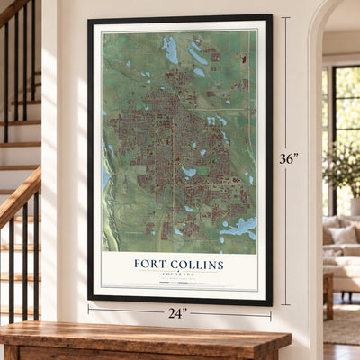 Fort Collins, Colorado map, 24 x 36 inch print in a black frame by a staircase