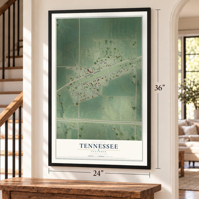 Tennessee, Illinois map, 24 x 36 inch print in a black frame by a staircase