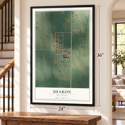 Sharon, Oklahoma map, 24 x 36 inch print in a black frame by a staircase
