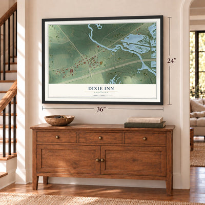 Dixie Inn, Louisiana map, 24 x 36 inch print in a black frame above a dresser by a staircase