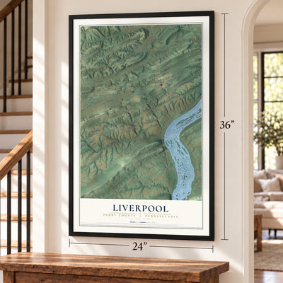 Liverpool, Perry County, Pennsylvania map, 24 x 36 inch print in a black frame by a staircase