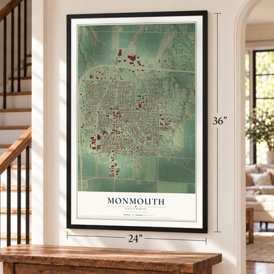 Monmouth, Illinois map, 24 x 36 inch print in a black frame by a staircase