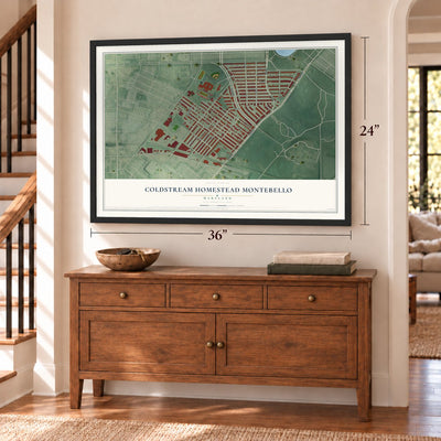 Coldstream Homestead Montebello, Maryland map, 24 x 36 inch print in a black frame above a dresser by a staircase