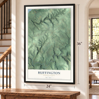 Buffington, Pennsylvania map, 24 x 36 inch print in a black frame by a staircase