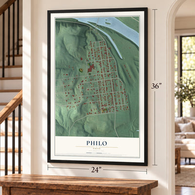 Philo, Ohio map, 24 x 36 inch print in a black frame by a staircase