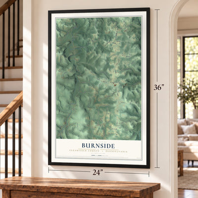 Burnside, Clearfield County, Pennsylvania map, 24 x 36 inch print in a black frame by a staircase