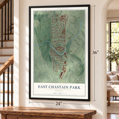 East Chastain Park, Georgia map, 24 x 36 inch print in a black frame by a staircase