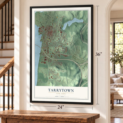Tarrytown, New York map, 24 x 36 inch print in a black frame by a staircase