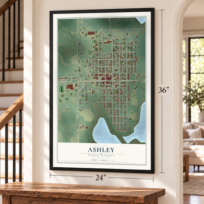Ashley, North Dakota map, 24 x 36 inch print in a black frame by a staircase
