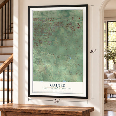 Gaines, Kent County, Michigan map, 24 x 36 inch print in a black frame by a staircase