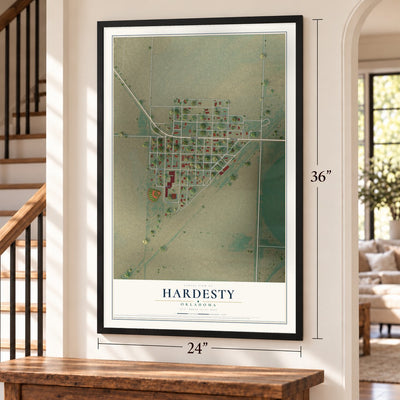 Hardesty, Oklahoma map, 24 x 36 inch print in a black frame by a staircase
