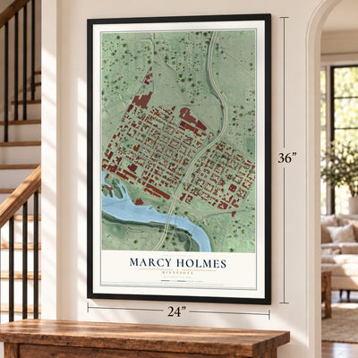 Marcy Holmes, Minnesota map, 24 x 36 inch print in a black frame by a staircase
