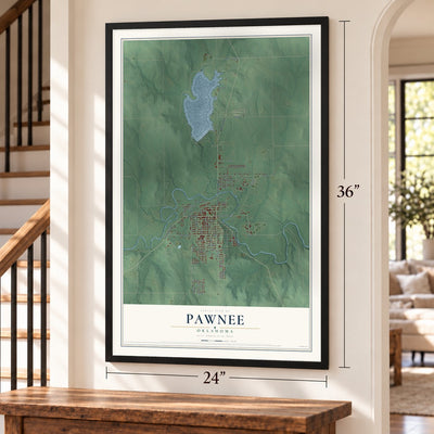 Pawnee, Oklahoma map, 24 x 36 inch print in a black frame by a staircase