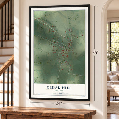 Cedar Hill, Tennessee map, 24 x 36 inch print in a black frame by a staircase