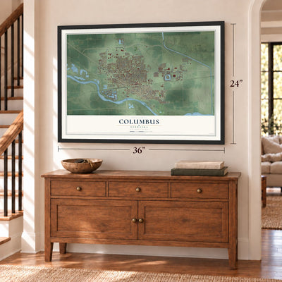 Columbus, Nebraska map, 24 x 36 inch print in a black frame above a dresser by a staircase