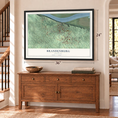 Brandenburg, Kentucky map, 24 x 36 inch print in a black frame above a dresser by a staircase