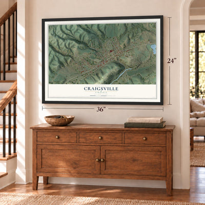 Craigsville, Virginia map, 24 x 36 inch print in a black frame above a dresser by a staircase