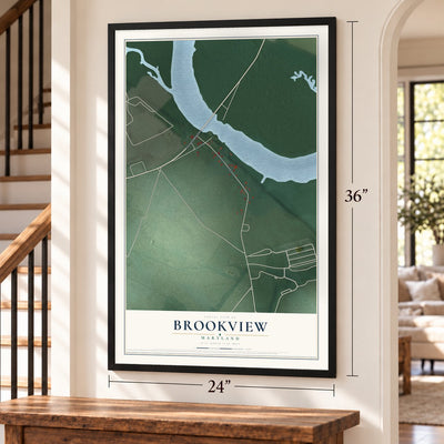 Brookview, Maryland map, 24 x 36 inch print in a black frame by a staircase