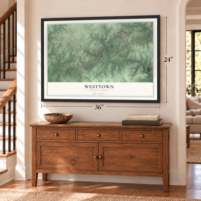 Westtown, Pennsylvania map, 24 x 36 inch print in a black frame above a dresser by a staircase