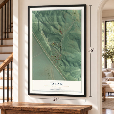 Iatan, Missouri map, 24 x 36 inch print in a black frame by a staircase