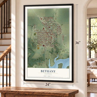 Bethany, Illinois map, 24 x 36 inch print in a black frame by a staircase