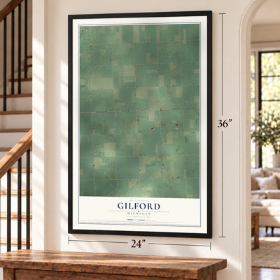 Gilford, Michigan map, 24 x 36 inch print in a black frame by a staircase