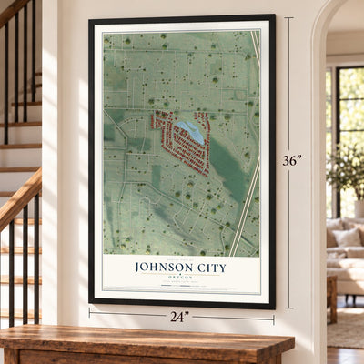 Johnson City, Oregon map, 24 x 36 inch print in a black frame by a staircase