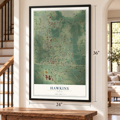Hawkins, Texas map, 24 x 36 inch print in a black frame by a staircase