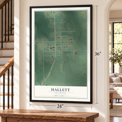 Hallett, Oklahoma map, 24 x 36 inch print in a black frame by a staircase