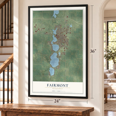 Fairmont, Minnesota map, 24 x 36 inch print in a black frame by a staircase