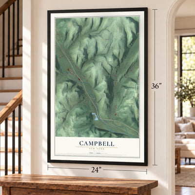 Campbell, New York map, 24 x 36 inch print in a black frame by a staircase