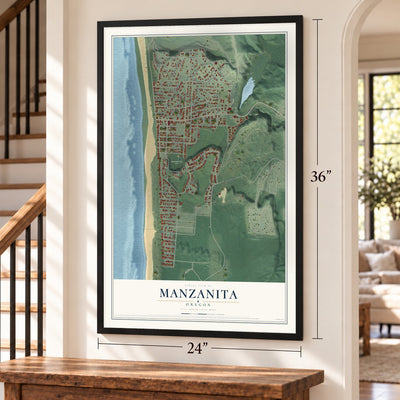 Manzanita, Oregon map, 24 x 36 inch print in a black frame by a staircase