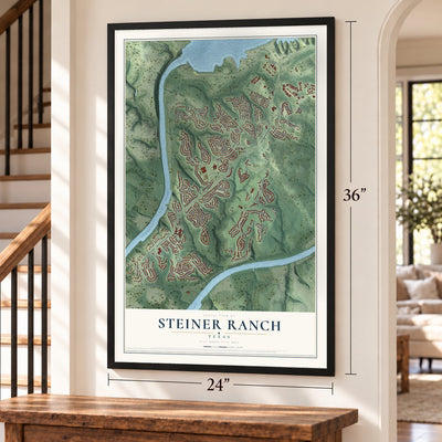Steiner Ranch, Texas map, 24 x 36 inch print in a black frame by a staircase