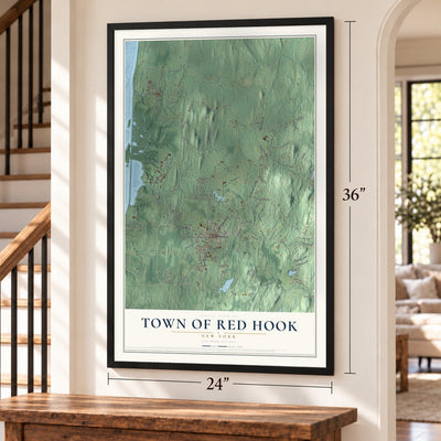 Town of Red Hook, New York map, 24 x 36 inch print in a black frame by a staircase