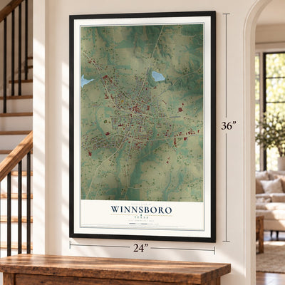Winnsboro, Texas map, 24 x 36 inch print in a black frame by a staircase