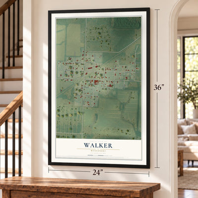 Walker, Missouri map, 24 x 36 inch print in a black frame by a staircase