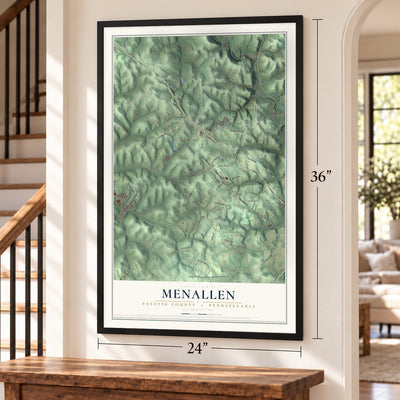 Menallen, Fayette County, Pennsylvania map, 24 x 36 inch print in a black frame by a staircase