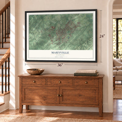 Maryville, Tennessee map, 24 x 36 inch print in a black frame above a dresser by a staircase