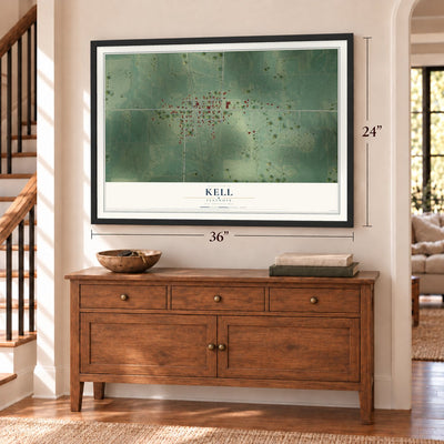 Kell, Illinois map, 24 x 36 inch print in a black frame above a dresser by a staircase