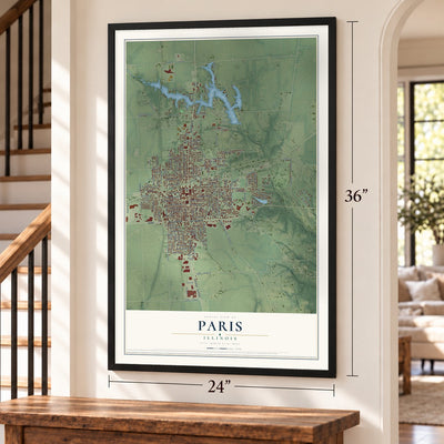 Paris, Illinois map, 24 x 36 inch print in a black frame by a staircase