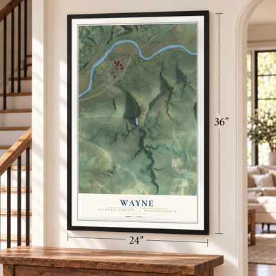 Wayne, Clinton County, Pennsylvania map, 24 x 36 inch print in a black frame by a staircase