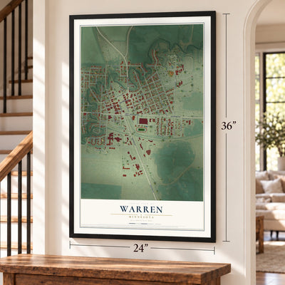 Warren, Minnesota map, 24 x 36 inch print in a black frame by a staircase